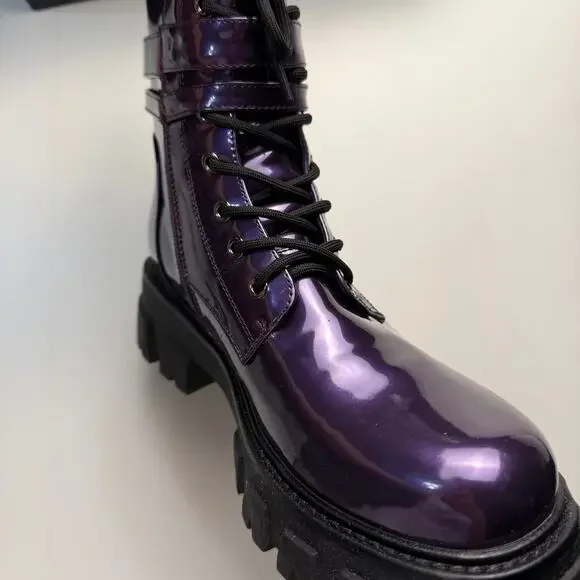 Women Combat Boots Lace Up Buckle Lug Sole Ankle Biker Boots - Picture 4 of 12